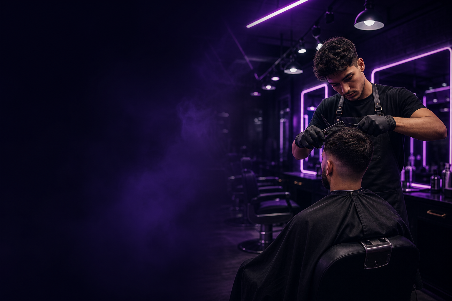barbearia premium com aluno em prática e clima de decisão profissional